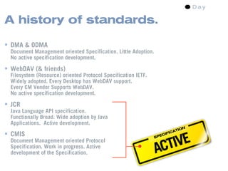 A history of standards.

 DMA & ODMA
 Document Management oriented Specification. Little Adoption.
 No active specification development.

 WebDAV (& friends)
 Filesystem (Resource) oriented Protocol Specification IETF.
 Widely adopted. Every Desktop has WebDAV support.
 Every CM Vendor Supports WebDAV.
 No active specification development.

 JCR
 Java Language API specification.
 Functionally Broad. Wide adoption by Java
 Applications. Active development.
                                                                           TION
 CMIS
                                                                    VE
                                                                    IF ICA



                                                                  TI
                                                                  EC
                                                                SP
 Document Management oriented Protocol
 Specification. Work in progress. Active
 development of the Specification.                              AC
 