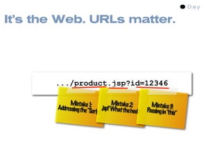 It’s the Web. URLs matter.




       .../product.jsp?id=12346

              Mistake 1  :         Mistake 2:       Mistake 3:
        Addressing the        .j
                       “Script”sp? What the heck? Passing in “this”
 