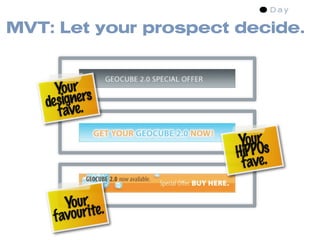 MVT: Let your prospect decide.


     Your rs
   designe.
     fave

                       Your s
                       HiPPO.
                        fave

       Yourite.
    f avour
 