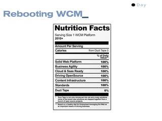 Rebooting WCM
        Nutrition Facts
        Serving Size 1 WCM Platform
        2010+

        Amount Per Serving
        Calories                                   from Duct Tape 0
                                                              % of Daily
                                                                Value**
        Solid Web Platform                                        100%
        Business Agility                                          100%
        Cloud & Saas Ready                                        100%
        Driving OpenSource                                        100%
        Content Infrastructure                                    100%
        Standards                                                 100%
        Duct Tape                                                      0%

        *    Duct Tape is not only introduced into old and crusty solutions
             some of the brand new solutions are slapped together from a
             bunch of open source projects.

        **   Based on a healthy diet for Enterprises leveraging the Web as
             an important means of driving business.
 