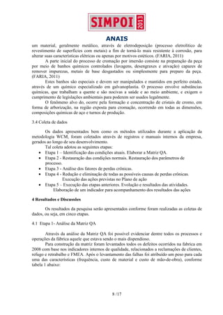 ANAIS
8 /17
um material, geralmente metálico, através de eletrodeposição (processo eletrolítico de
revestimento de superfícies com metais) a fim de torná-lo mais resistente à corrosão, para
alterar suas características elétricas ou apenas por motivos estéticos. (FARIA, 2011)
A parte inicial do processo de cromação por imersão consiste na preparação da peça
por meio de banhos químicos controlados (lavagens, desengraxes e ativação) capazes de
remover impurezas, metais de base desgastados ou simplesmente para preparo da peça.
(FARIA, 2011)
Estes banhos são especiais e devem ser manipulados e mantidos em perfeito estado,
através de um químico especializado em galvanoplastia. O processo envolve substâncias
químicas, que trabalham a quente e são nocivas a saúde e ao meio ambiente, e exigem o
cumprimento de legislações ambientais para poderem ser usados legalmente.
O fenômeno alvo do, ocorre pela formação e concentração de cristais de cromo, em
forma de arborização, na região exposta para cromação, ocorrendo em todas as dimensões,
composições químicas de aço e turnos de produção.
3.4 Coleta de dados
Os dados apresentados bem como os métodos utilizados durante a aplicação da
metodologia WCM, foram coletados através de registros e manuais internos da empresa,
gerados ao longo de seu desenvolvimento.
Tal coleta adotou as seguintes etapas:
• Etapa 1 – Identificação das condições atuais. Elaborar a Matriz QA.
• Etapa 2 - Restauração das condições normais. Restauração dos parâmetros de
processo.
• Etapa 3 - Análise dos fatores de perdas crônicas.
• Etapa 4 - Redução e eliminação de todas as possíveis causas de perdas crônicas.
Execução das ações previstas no Plano de ação
• Etapa 5 – Execução das etapas anteriores. Evolução e resultados das atividades.
Elaboração de um indicador para acompanhamento dos resultados das ações
4 Resultados e Discussões
Os resultados da pesquisa serão apresentados conforme foram realizadas as coletas de
dados, ou seja, em cinco etapas.
4.1 Etapa 1- Análise da Matriz QA
Através da análise da Matriz QA foi possível evidenciar dentre todos os processos e
operações da fábrica aquele que estava sendo o mais dispendioso.
Para construção da matriz foram levantados todos os defeitos ocorridos na fabrica em
2008 com base nos indicadores internos de qualidade, relacionados a reclamações de clientes,
refugo e retrabalho e FMEA. Após o levantamento das falhas foi atribuído um peso para cada
uma das características (frequência, custo de material e custo de mão-de-obra), conforme
tabela 1 abaixo:
 