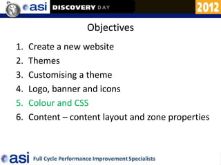 Objectives
1.   Create a new website
2.   Themes
3.   Customising a theme
4.   Logo, banner and icons
5.   Colour and CSS
6.   Content – content layout and zone properties
 