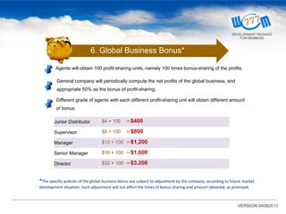 Agents will obtain 100 profit-sharing units, namely 100 times bonus-sharing of the profits.
Junior Distributor $4 × 100 ＝$400
Supervisor $8 × 100 ＝$800
Manager $12 × 100 ＝$1,200
Senior Manager $16 × 100 ＝$1,600
Director $32 × 100 ＝$3,200
General company will periodically compute the net profits of the global business, and
appropriate 50% as the bonus of profit-sharing.
Different grade of agents with each different profit-sharing unit will obtain different amount
of bonus.
*The specific policies of the global business bonus are subject to adjustment by the company, according to future market
development situation. Such adjustment will not affect the times of bonus-sharing and amount obtained, as promised.
VERSION 04082013
6. Global Business Bonus*
DEVELOPMENT PACKAGE
FOR MEMBERS
 