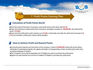 Calculation of Profit Points Worth
■Since the outset of business of company, each profit points worth starts with $ 0.10.
■Every time company’s sales performance of product’ packages increased to 100,000 BV, the profit points
worth + $ 0.001.
■Every time the profit points worth reaches up to $ 0.20, it will double and split: the worth will come back to $
0.10, but members’ profit points volume will be doubled.
How to Achieve Profit and Reward Points
■During the grand opening and promotion of the company, a total of 25,000,000 initial profit points will be
distributed to participating agents, the agents will obtain a corresponding number of profit points when they
purchase packages of product.
■20% of agents’ bonus will be deposited into P-Wallet and used to purchase the profit points.
■Agents can also transfer the fund from E-wallet to P-Wallet to purchase the profit points.
VERSION 04082013
7. Profit Points Earning Plan
DEVELOPMENT PACKAGE
FOR MEMBERS
 