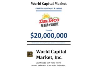 World Capital Market
STRATEGY, INVESTMENT & FINANCE

Financing

$20,000,000
World Capital Market’s Principals acted as f nancial advisor.

World Capital
Market, Inc.
LOS ANGELES. NEW YORK. TOKYO.
BEIJING. SHANGHAI. HONG KONG. SHENZHEN.

 