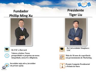 Fundador
Phillip Ming Xu
Valores cristãos: Nossa
prosperidade se perpetua em nossa
integridade, nossa fé e diligência.
Investidor anjo ativo, investidor
em private equity.
De USC a Harvard
Presidente
Tiger Liu
De Universidade Tsinghua a
USC
Mais de 10 anos de experiência
em gerenciamento de Marketing.
Premio Campeão Presidencial
e Prêmio de Ouro
 