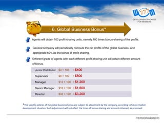 Agents will obtain 100 profit-sharing units, namely 100 times bonus-sharing of the profits.
Junior Distributor $4 × 100 ＝$400
Supervisor $8 × 100 ＝$800
Manager $12 × 100 ＝$1,200
Senior Manager $16 × 100 ＝$1,600
Director $32 × 100 ＝$3,200
General company will periodically compute the net profits of the global business, and
appropriate 50% as the bonus of profit-sharing.
Different grade of agents with each different profit-sharing unit will obtain different amount
of bonus.
*The specific policies of the global business bonus are subject to adjustment by the company, according to future market
development situation. Such adjustment will not affect the times of bonus-sharing and amount obtained, as promised.
VERSION 04082013
6. Global Business Bonus*
DEVELOPMENT PACKAGE
FOR MEMBERS
 