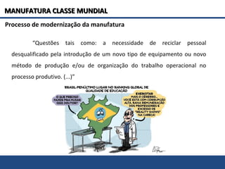 Processo de modernização da manufatura
“Questões tais como: a necessidade de reciclar pessoal
desqualificado pela introdução de um novo tipo de equipamento ou novo
método de produção e/ou de organização do trabalho operacional no
processo produtivo. (...)”
MANUFATURA CLASSE MUNDIALMANUFATURA CLASSE MUNDIAL
 