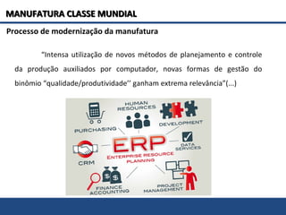 Processo de modernização da manufatura
“Intensa utilização de novos métodos de planejamento e controle
da produção auxiliados por computador, novas formas de gestão do
binômio “qualidade/produtividade’’ ganham extrema relevância”(...)
MANUFATURA CLASSE MUNDIALMANUFATURA CLASSE MUNDIAL
 