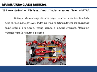2º Passo: Reduzir ou Eliminar o Setup: Implementar um Sistema RETAD
O tempo de mudança de uma peça para outra dentro da célula
deve ser o mínimo possível. Todos no chão de fábrica devem ser ensinados
como reduzir o tempo de setup usando o sistema chamado “troca de
matrizes num só minuto” (“SMED”)
MANUFATURA CLASSE MUNDIALMANUFATURA CLASSE MUNDIAL
 