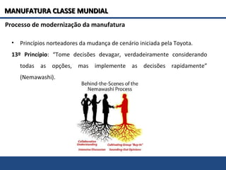 Processo de modernização da manufatura
• Princípios norteadores da mudança de cenário iniciada pela Toyota.
13º Princípio: “Tome decisões devagar, verdadeiramente considerando
todas as opções, mas implemente as decisões rapidamente”
(Nemawashi).
MANUFATURA CLASSE MUNDIALMANUFATURA CLASSE MUNDIAL
 