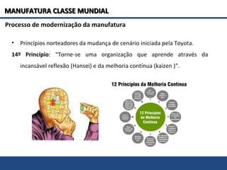 Processo de modernização da manufatura
• Princípios norteadores da mudança de cenário iniciada pela Toyota.
14º Princípio: “Torne-se uma organização que aprende através da
incansável reflexão (Hansei) e da melhoria contínua (kaizen )”.
MANUFATURA CLASSE MUNDIALMANUFATURA CLASSE MUNDIAL
 