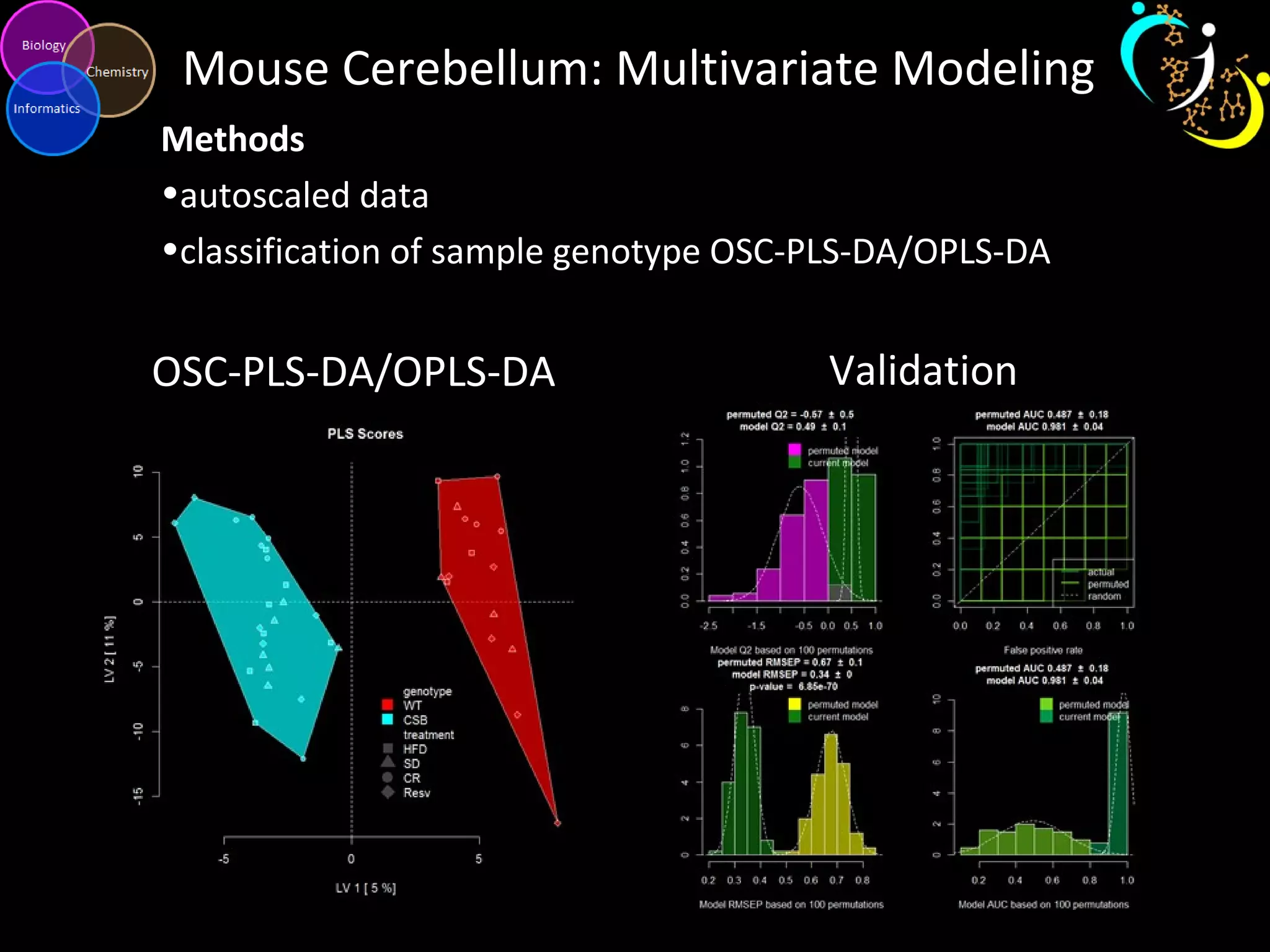 Mouse Cerebellum: Multivariate Modeling
Methods
•autoscaled data
•classification of sample genotype OSC-PLS-DA/OPLS-DA
OSC-PLS-DA/OPLS-DA Validation
 