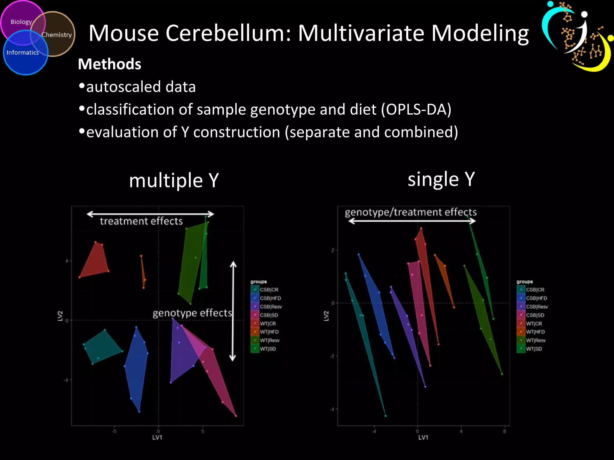 Mouse Cerebellum: Multivariate Modeling
Methods
•autoscaled data
•classification of sample genotype and diet (OPLS-DA)
•evaluation of Y construction (separate and combined)
multiple Y single Y
 