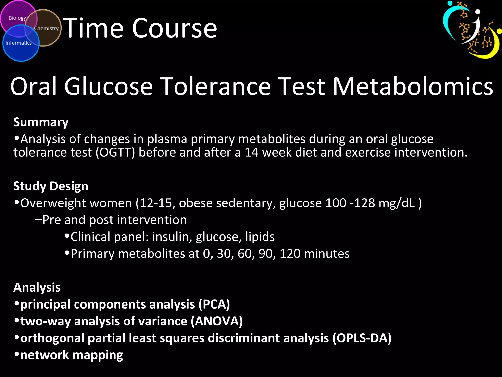 Time Course
Oral Glucose Tolerance Test Metabolomics
Summary
•Analysis of changes in plasma primary metabolites during an oral glucose
tolerance test (OGTT) before and after a 14 week diet and exercise intervention.
Study Design
•Overweight women (12-15, obese sedentary, glucose 100 -128 mg/dL )
–Pre and post intervention
•Clinical panel: insulin, glucose, lipids
•Primary metabolites at 0, 30, 60, 90, 120 minutes
Analysis
•principal components analysis (PCA)
•two-way analysis of variance (ANOVA)
•orthogonal partial least squares discriminant analysis (OPLS-DA)
•network mapping
 