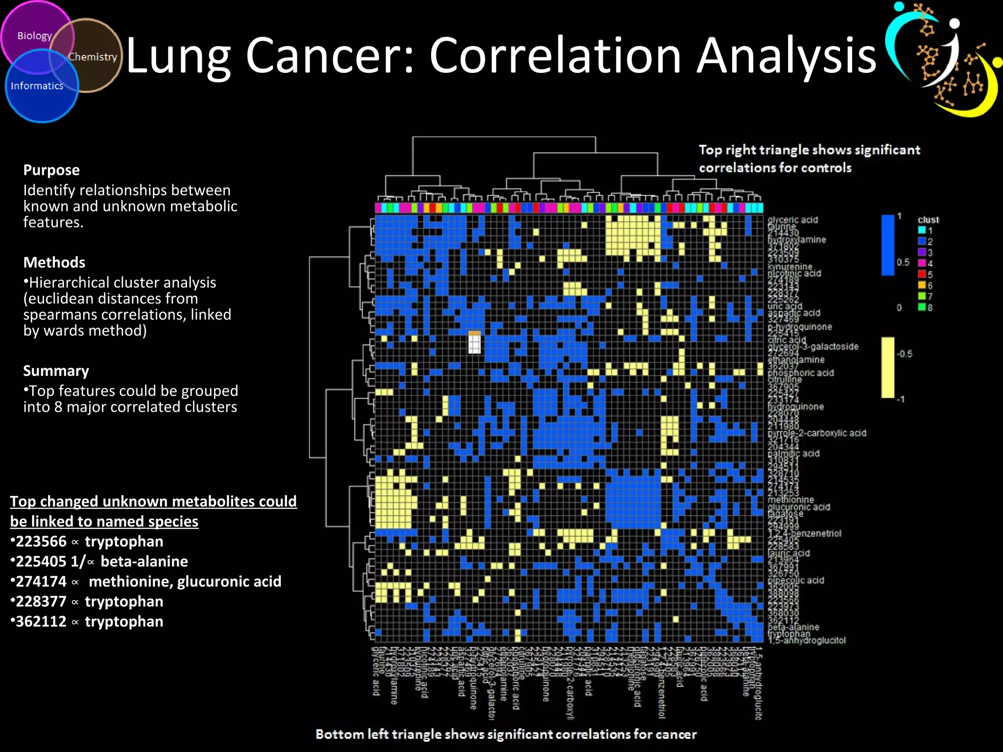 Lung Cancer: Correlation Analysis
Purpose
Identify relationships between
known and unknown metabolic
features.
Methods
•Hierarchical cluster analysis
(euclidean distances from
spearmans correlations, linked
by wards method)
Summary
•Top features could be grouped
into 8 major correlated clusters
Top changed unknown metabolites could
be linked to named species
•223566 tryptophan∝
•225405 1/ beta-alanine∝
•274174 methionine, glucuronic acid∝
•228377 tryptophan∝
•362112 tryptophan∝
 