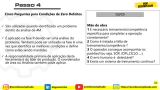 @wcmdescomplicado diegomarinho https://wcmdescomplicado.com
wcmdescomplicado
Cinco Perguntas para Condições de Zero Defeitos
✓ São utilizadas quando identificado um problema
dentro da análise de 4M.
✓ É aplicado na fase P devido ser uma análise do
problema. Também pode ser utilizada na fase A uma
vez que identifica as melhores condições e define
como estão sendo mantidas.
✓ A responsabilidade primária de aplicação desta
ferramenta é do líder de produção. O coordenador
de área ou Analista também pode aplicar.
Mão de obra
1 É necessário treinamento/competência
especifica para completar a operação
corretamente?
2 Como é tratada a falta de
treinamento/competência ?
3 O operador consegue acompanhar os
padrões?(ou seja, SOP, /OPL,CICLO ,…)
4 O erro humano é detectável?
5 Existe um sistema de treinamento contínuo?
5QPZD
139
 