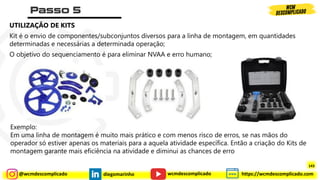 @wcmdescomplicado diegomarinho https://wcmdescomplicado.com
wcmdescomplicado
UTILIZAÇÃO DE KITS
Kit é o envio de componentes/subconjuntos diversos para a linha de montagem, em quantidades
determinadas e necessárias a determinada operação;
O objetivo do sequenciamento é para eliminar NVAA e erro humano;
Exemplo:
Em uma linha de montagem é muito mais prático e com menos risco de erros, se nas mãos do
operador só estiver apenas os materiais para a aquela atividade específica. Então a criação do Kits de
montagem garante mais eficiência na atividade e diminui as chances de erro
143
 