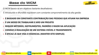 @wcmdescomplicado diegomarinho https://wcmdescomplicado.com
wcmdescomplicado
O WCM baseia-se em objetivos bastante desafiadores:
É introduzido e difundido top/down com constante comprometimento da alta gestão
» É BASEADO EM CONSTANTE CONTRIBUIÇÃO DAS PESSOAS QUE ATUAM NA EMPRESA
» É UM MODO DE TRABALHAR E NÃO UM PROJETO
» REQUER MÉTODOS, INSTRUMENTOS, PADRÕES E RIGOR NA APLICAÇÃO
» CONDUZ À REALIZAÇÃO DE UM SISTEMA VISÍVEL E TRANSPARENTE
» É EFICAZ JÁ QUE VISA O ESSENCIAL (MANTER ISTO SIMPLES)
17
 