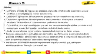 @wcmdescomplicado diegomarinho https://wcmdescomplicado.com
wcmdescomplicado
Objetivo:
• Melhorar a precisão de inspeção do processo ampliando e melhorando os controles visuais;
• Modificar as instalações para facilitar as operações;
• Capacitar os operadores para atuarem no processo e tratar corretamente as anomalias;
• Capacitar os operadores para compreender a relação entre as instalações e o material
trabalhado para administrar corretamente os parâmetros de trabalho;
• Conscientizar os operadores do papel que eles tem na manutenção planejada e promover o self
management através de inspeções periódicas e substituição das partes;
• Ajudar os operadores a compreender a necessidade de registrar os dados sempre.
• Fornecer aos operadores instruções para administrar a performance e a operacionalidade do
processo e métodos para controlar as anomalias desenvolvendo a competência dos operadores
com o objetivo de melhorar a confiabilidade do processo;
• Desenvolver atividades de Focused Improvement e Quality Control, que justifiquem
economicamente a formação dos operadores.
171
 