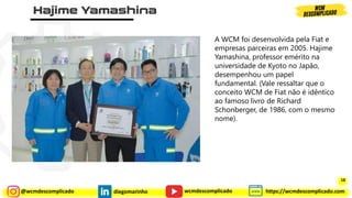 @wcmdescomplicado diegomarinho https://wcmdescomplicado.com
wcmdescomplicado
A WCM foi desenvolvida pela Fiat e
empresas parceiras em 2005. Hajime
Yamashina, professor emérito na
universidade de Kyoto no Japão,
desempenhou um papel
fundamental. (Vale ressaltar que o
conceito WCM de Fiat não é idêntico
ao famoso livro de Richard
Schonberger, de 1986, com o mesmo
nome).
18
 