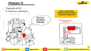 @wcmdescomplicado diegomarinho https://wcmdescomplicado.com
wcmdescomplicado
Preparação de PM
► Gestão da Lubrificação
Pôxa! Como
está máquina
tem ponto de
lubrificação!
Sistema de lubrificação
automático!
Pontos de
Lubrificação
Como a manutenção
Profissional pode facilitar a
vida deste Colaborador?
192
 