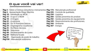 @wcmdescomplicado diegomarinho https://wcmdescomplicado.com
wcmdescomplicado
Pág 3 - Sobre a Cronnus consultoria e treinamentos
Pág 4 - Apresentação Diego Marinho
Pág 10 - Introdução ao WCM
Pág 15 - O que é o WCM
Pág 18 - A Origem
Pág 22 - A estrutura
Pág 23 - Os 10 Princípios básicos
Pág 24 - Organograma e auditorias
Pág 25 - Os Pilares técnicos
Pág 26 - Segurança
Pág 49 - Desdobramento de custos
Pág 69 - Melhoria focada
Pág 91 - Oganização do posto de trabalho;
Pág150 - Manutenção autônoma
Pág 174 - Manutenção profissional
Pág 226 - Controle de qualidade;
Pág 250 - Logística
Pág 284 - Gestão preventiva do produto
Pág 292 - Gestão preventiva do equipamento
Pág 320 - Desenvolvimento dos profissionais;
Pág 344 - Ambiente
Pág 367 - Energia
2
 