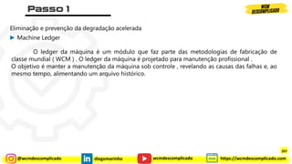 @wcmdescomplicado diegomarinho https://wcmdescomplicado.com
wcmdescomplicado
Eliminação e prevenção da degradação acelerada
► Machine Ledger
O ledger da máquina é um módulo que faz parte das metodologias de fabricação de
classe mundial ( WCM ) . O ledger da máquina é projetado para manutenção profissional .
O objetivo é manter a manutenção da máquina sob controle , revelando as causas das falhas e, ao
mesmo tempo, alimentando um arquivo histórico.
207
 