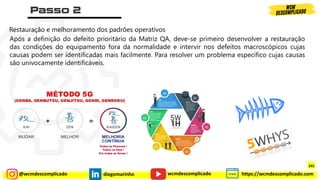 @wcmdescomplicado diegomarinho https://wcmdescomplicado.com
wcmdescomplicado
Restauração e melhoramento dos padrões operativos
Após a definição do defeito prioritário da Matriz QA, deve-se primeiro desenvolver a restauração
das condições do equipamento fora da normalidade e intervir nos defeitos macroscópicos cujas
causas podem ser identificadas mais facilmente. Para resolver um problema específico cujas causas
são univocamente identificáveis.
241
 