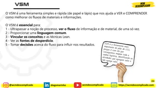 @wcmdescomplicado diegomarinho https://wcmdescomplicado.com
wcmdescomplicado
O VSM é uma ferramenta simples e rápida (de papel e lápis) que nos ajuda a VER e COMPRENDER
como melhorar os fluxos de materiais e informações.
O VSM é essencial para:
1 - Ultrapassar a noção de processo, ver o fluxo de informação e de material, de uma só vez.
2 - Proporcionar uma linguagem comum.
3 - Vincular os conceitos e as técnicas Lean.
4 - Ver as fontes de desperdício.
5 - Tomar decisões acerca do fluxo para influir nos resultados.
259
 