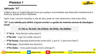 @wcmdescomplicado diegomarinho https://wcmdescomplicado.com
wcmdescomplicado
Aplicação “5T”
A fábrica deve ser organizada de forma que qualquer anormalidade seja detectada imediatamente à
distância, através de boa visibilidade.
Assim, tudo, inclusive máquinas e mão de obra, pode ser visto idealmente à altura dos olhos.
5T (TEI-JI, TEI-ICHI, TEI-HYOUJI, TEI-RYOU, TEI-SHOKU)
• 1º Tei-ji : Rota fixa (por onde passar?).
• 2ºTei-ichi: Lugar fixo (onde colocar?).
• 3ºTei-hyouji : Exposição padronizada (onde está?, o que é?, o que/como fazer?).
• 4ºTei-ryou : Quantidade fixa (Quanto?).
• 5ºTei-shoku : Cores padronizadas (Como distinguir?).
“5T” é um método para definir o layout correto e a gestão de materiais através da abordagem
visual.
270
 