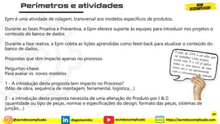 @wcmdescomplicado diegomarinho https://wcmdescomplicado.com
wcmdescomplicado
Epm é uma atividade de rolagem, transversal aos modelos específicos de produtos.
Durante as fases Proativa e Preventiva, a Epm oferece suporte às equipes para introduzir nos projetos o
conteúdo do banco de dados.
Durante a fase reativa, a Epm coleta as lições aprendidas como feed-back para atualizar o conteúdo do
banco de dados.
Propostas que têm impacto apenas no processo.
Perguntas-chave:
Para avaliar vs. novos modelos
1 - A introdução desta proposta tem impacto no Processo?
(Mão de obra, sequência de montagem, ferramental, logística,…)
2 - a introdução desta proposta necessita de uma alteração do Produto por I & D?
(quantidade ou tipo de peças, normas e especificações do design, formato das peças, sistemas de
junção,…)
287
 