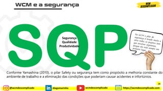 @wcmdescomplicado diegomarinho https://wcmdescomplicado.com
wcmdescomplicado
Segurança
Qualidade
Produtividade
Conforme Yamashina (2010), o pilar Safety ou segurança tem como propósito a melhoria constante do
ambiente de trabalho e a eliminação das condições que poderiam causar acidentes e infortúnios.
29
 