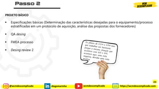 @wcmdescomplicado diegomarinho https://wcmdescomplicado.com
wcmdescomplicado
▪ Especificações básicas (Determinação das características desejadas para o equipamento/processo
estratificadas em um protocolo de aquisição, análise das propostas dos fornecedores)
▪ QA desing
▪ FMEA processo
▪ Desing review 2
PROJETO BÁSICO
299
 