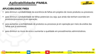 @wcmdescomplicado diegomarinho https://wcmdescomplicado.com
wcmdescomplicado
APLICABILIDADE FMEA
▪ para diminuir a probabilidade da ocorrência de falhas em projetos de novos produtos ou processos;
▪ para diminuir a probabilidade de falhas potenciais (ou seja, que ainda não tenham ocorrido) em
produtos/processos já em operação;
▪ para aumentar a confiabilidade de produtos ou processos já em operação por meio da análise das
falhas que já ocorreram;
▪ para diminuir os riscos de erros e aumentar a qualidade em procedimentos administrativos.
312
 