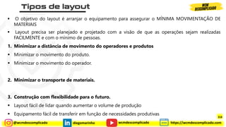 @wcmdescomplicado diegomarinho https://wcmdescomplicado.com
wcmdescomplicado
▪ O objetivo do layout é arranjar o equipamento para assegurar o MÍNIMA MOVIMENTAÇÃO DE
MATERIAIS
▪ Layout precisa ser planejado e projetado com a visão de que as operações sejam realizadas
FACILMENTE e com o mínimo de pessoas.
1. Minimizar a distância de movimento do operadores e produtos
▪ Minimizar o movimento do produto.
▪ Minimizar o movimento do operador.
2. Minimizar o transporte de materiais.
3. Construção com flexibilidade para o futuro.
▪ Layout fácil de lidar quando aumentar o volume de produção
▪ Equipamento fácil de transferir em função de necessidades produtivas
318
 