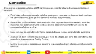 @wcmdescomplicado diegomarinho https://wcmdescomplicado.com
wcmdescomplicado
Desenvolver as pessoas na lógica WCM significa querer enfrentar alguns desafios prioritários em
relação à:
✓ Zerar os erros humanos, ou seja, trabalhar para que as pessoas e os sistemas técnicos atuem
em perfeita sintonia, para garantir sempre a exatidão dos processos;
✓ Desenvolver profissionais em técnicas de alto nível, capazes de analisar o estado atual das
máquinas e de desenvolver uma condição onde é possível implementar um sistema de
manutenção eficiente e eficaz;
✓ Fazer com que os operadores tenham a capacidade para realizar a manutenção autônoma;
✓ Alcançar um bom controle do processo, por meio da adoção, por parte dos operadores, dos
procedimentos corretos de Quality Control;
✓ Motivar e envolver as pessoas para assumir a responsabilidade em relação ao melhoramento
contínuo.
325
 
