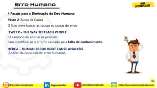 @wcmdescomplicado diegomarinho https://wcmdescomplicado.com
wcmdescomplicado
Passo 2: Busca da Causa
O líder deve buscar as causas as causas do erros
4 Passos para a Eliminação do Erro Humano
TWTTP – THE WAY TO TEACH PEOPLE
(O caminho de ensinar as pessoas)
Para identificar se o erro foi causado pela falta de conhecimento.
HERCA – HUMAN ERROR ROOT CAUSE ANALYSIS
(Análise da causa raiz de erros humanos)
328
 