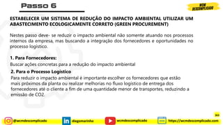 @wcmdescomplicado diegomarinho https://wcmdescomplicado.com
wcmdescomplicado
ESTABELECER UM SISTEMA DE REDUÇÃO DO IMPACTO AMBIENTAL UTILIZAR UM
ABASTECIMENTO ECOLOGICAMENTE CORRETO (GREEN PROCUREMENT)
Nestes passo deve- se reduzir o impacto ambiental não somente atuando nos processos
internos da empresa, mas buscando a integração dos fornecedores e oportunidades no
processo logístico.
1. Para Fornecedores:
Buscar ações concretas para a redução do impacto ambiental
2. Para o Processo Logístico
Para reduzir o impacto ambiental é importante escolher os fornecedores que estão
mais próximos da planta ou realizar melhorias no fluxo logístico de entrega dos
fornecedores até o cliente a fim de uma quantidade menor de transportes, reduzindo a
emissão de CO2.
363
 