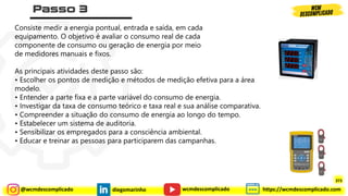 @wcmdescomplicado diegomarinho https://wcmdescomplicado.com
wcmdescomplicado
Consiste medir a energia pontual, entrada e saída, em cada
equipamento. O objetivo é avaliar o consumo real de cada
componente de consumo ou geração de energia por meio
de medidores manuais e fixos.
As principais atividades deste passo são:
• Escolher os pontos de medição e métodos de medição efetiva para a área
modelo.
• Entender a parte fixa e a parte variável do consumo de energia.
• Investigar da taxa de consumo teórico e taxa real e sua análise comparativa.
• Compreender a situação do consumo de energia ao longo do tempo.
• Estabelecer um sistema de auditoria.
• Sensibilizar os empregados para a consciência ambiental.
• Educar e treinar as pessoas para participarem das campanhas.
373
 