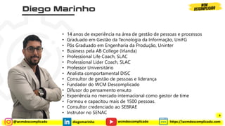 @wcmdescomplicado diegomarinho https://wcmdescomplicado.com
wcmdescomplicado
• 14 anos de experiência na área de gestão de pessoas e processos
• Graduado em Gestão da Tecnologia da Informação, UniFG
• Pós Graduado em Engenharia da Produção, Uninter
• Business pela AB College (Irlanda)
• Professional Life Coach, SLAC
• Professional Líder Coach, SLAC
• Professor Universitário
• Analista comportamental DISC
• Consultor de gestão de pessoas e liderança
• Fundador do WCM Descomplicado
• Difusor do pensamento enxuto
• Experiência no mercado internacional como gestor de time
• Formou e capacitou mais de 1500 pessoas.
• Consultor credenciado ao SEBRAE
• Instrutor no SENAC 4
 