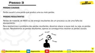 @wcmdescomplicado diegomarinho https://wcmdescomplicado.com
wcmdescomplicado
PERDAS CAUSAIS
PERDAS RESULTANTES
Perdas de material, de MDO ou de energia resultantes de um processo ou de uma falha do
equipamento.
Para resolvermos o problema das perdas resultantes, devemos atacar a causa real, ou seja, as perdas
causais. Resolveremos as perdas resultantes, apenas se conseguirmos resolver as perdas causais.
Perda causal é uma perda que produz uma ou mais perdas.
60
 