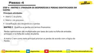 @wcmdescomplicado diegomarinho https://wcmdescomplicado.com
wcmdescomplicado
Principais atividades
▪ Matriz C da planta
▪ Matriz c do processo
▪ Estratificação dos desperdícios e perdas
Perdas operacionais são multiplicadas por taxas de custo na folha de entradas
principais e na folha de custos da planta.
A matriz C tem como meta principal priorizar as perdas de acordo com a lógica do
Pareto.
MATRIZ C : Qualifica as perdas em termos financeiros
STEP 4 – MATRIZ C (TRADUZIR OS DESPERDÍCIOS E PERDAS IDENTIFICADOS EM
CUSTO)
61
 