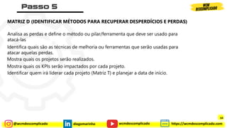 @wcmdescomplicado diegomarinho https://wcmdescomplicado.com
wcmdescomplicado
Identifica quais são as técnicas de melhoria ou ferramentas que serão usadas para
atacar aquelas perdas.
Mostra quais os projetos serão realizados.
Mostra quais os KPIs serão impactados por cada projeto.
Identificar quem irá liderar cada projeto (Matriz T) e planejar a data de início.
Analisa as perdas e define o método ou pilar/ferramenta que deve ser usado para
atacá-las
MATRIZ D (IDENTIFICAR MÉTODOS PARA RECUPERAR DESPERDÍCIOS E PERDAS)
64
 