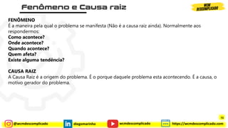 @wcmdescomplicado diegomarinho https://wcmdescomplicado.com
wcmdescomplicado
FENÔMENO
É a maneira pela qual o problema se manifesta (Não é a causa raiz ainda). Normalmente aos
respondermos:
Como acontece?
Onde acontece?
Quando acontece?
Quem afeta?
Existe alguma tendência?
CAUSA RAIZ
A Causa Raiz é a origem do problema. É o porque daquele problema esta acontecendo. É a causa, o
motivo gerador do problema.
72
 