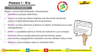 @wcmdescomplicado diegomarinho https://wcmdescomplicado.com
wcmdescomplicado
✓ Identificar a situação inicial (foto);
✓ Separar as coisas que servem daquelas que não servem através dos
cartões e o deslocamento para área de quarentena ;
✓ Analisar os casos individuais e deslocar os objetos inutilizáveis pra as áreas
correspondentes;
✓ Definir a quantidade máxima e mínima do material em uso na estação;
✓ Encontrar uma arrumação alternativa para ferramentas, partes,
instrumentos e equipamentos necessários mas não utilizados todos os dias;
✓ Registrar a nova situação e expor os resultados (foto);
1º SEIRI - UTILIZAÇÃO
Separar o útil do inútil, eliminando o desnecessário.
96
96
 