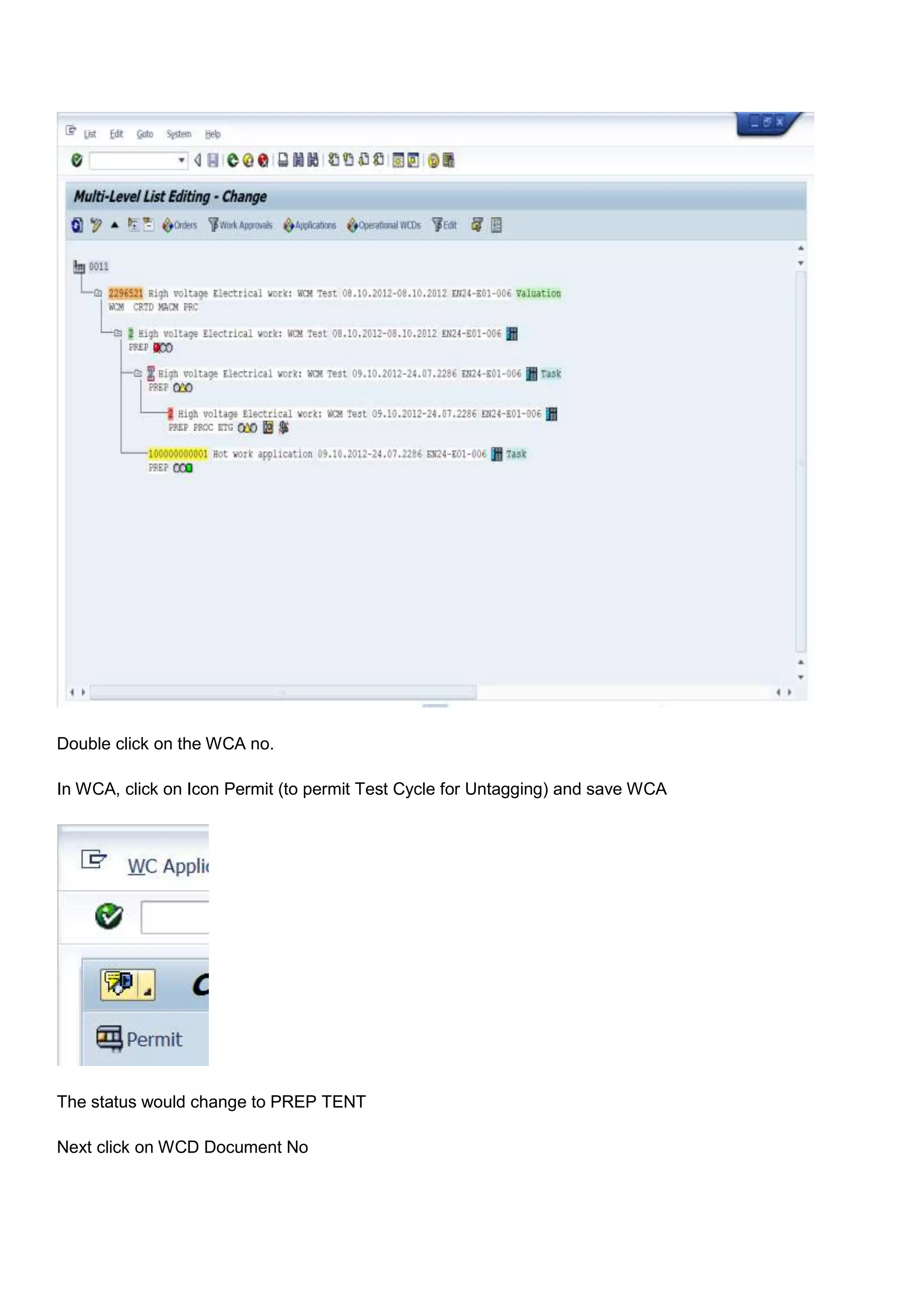 Double click on the WCA no.

In WCA, click on Icon Permit (to permit Test Cycle for Untagging) and save WCA




The status would change to PREP TENT

Next click on WCD Document No
 