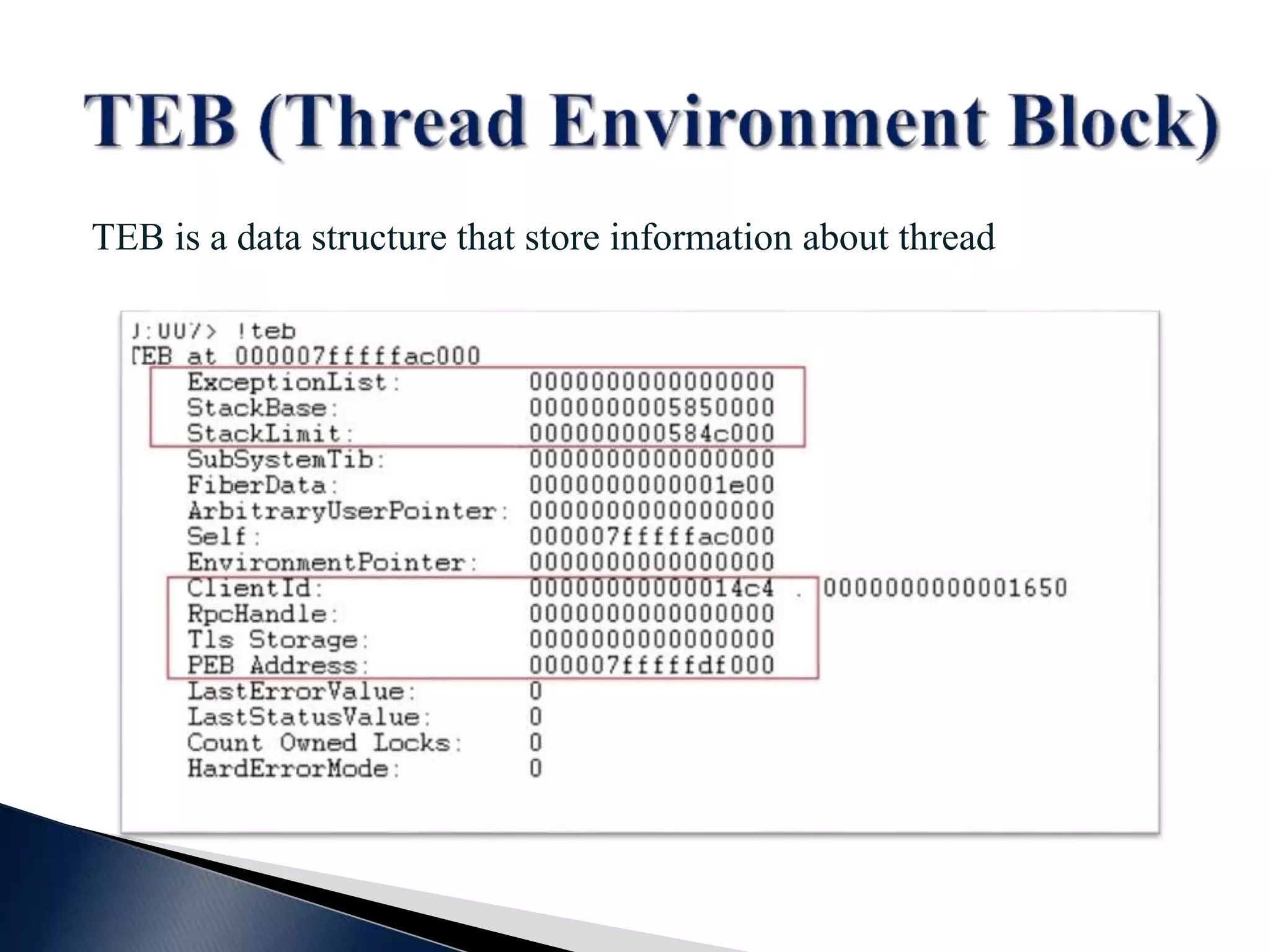 TEB is a data structure that store information about thread 