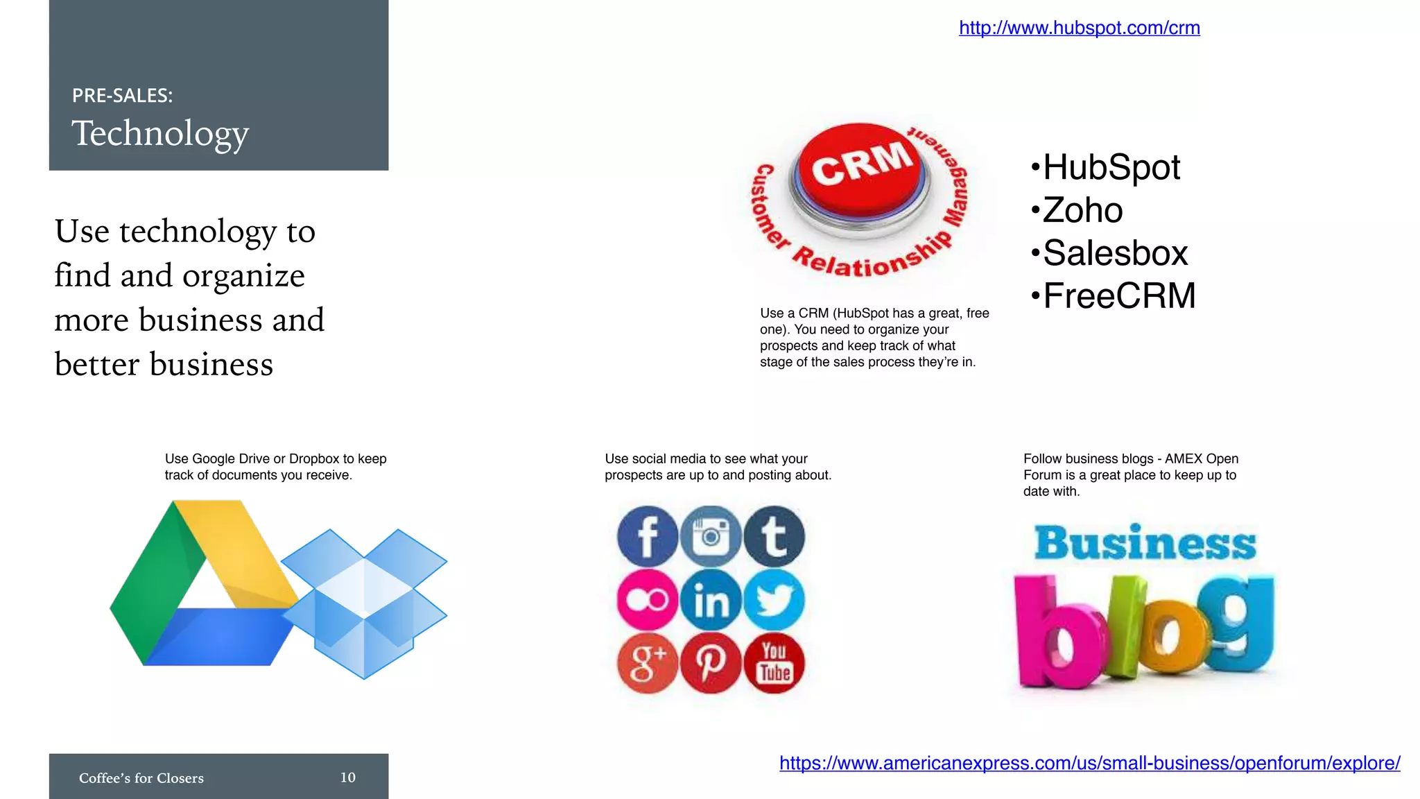 Coffee’s for Closers 10
PRE-SALES:
Technology
•HubSpot
•Zoho
•Salesbox
•FreeCRM
Use technology to
find and organize
more business and
better business
Use Google Drive or Dropbox to keep
track of documents you receive.
Use a CRM (HubSpot has a great, free
one). You need to organize your
prospects and keep track of what
stage of the sales process they’re in.
Use social media to see what your
prospects are up to and posting about.
Follow business blogs - AMEX Open
Forum is a great place to keep up to
date with.
https://www.americanexpress.com/us/small-business/openforum/explore/
http://www.hubspot.com/crm
 