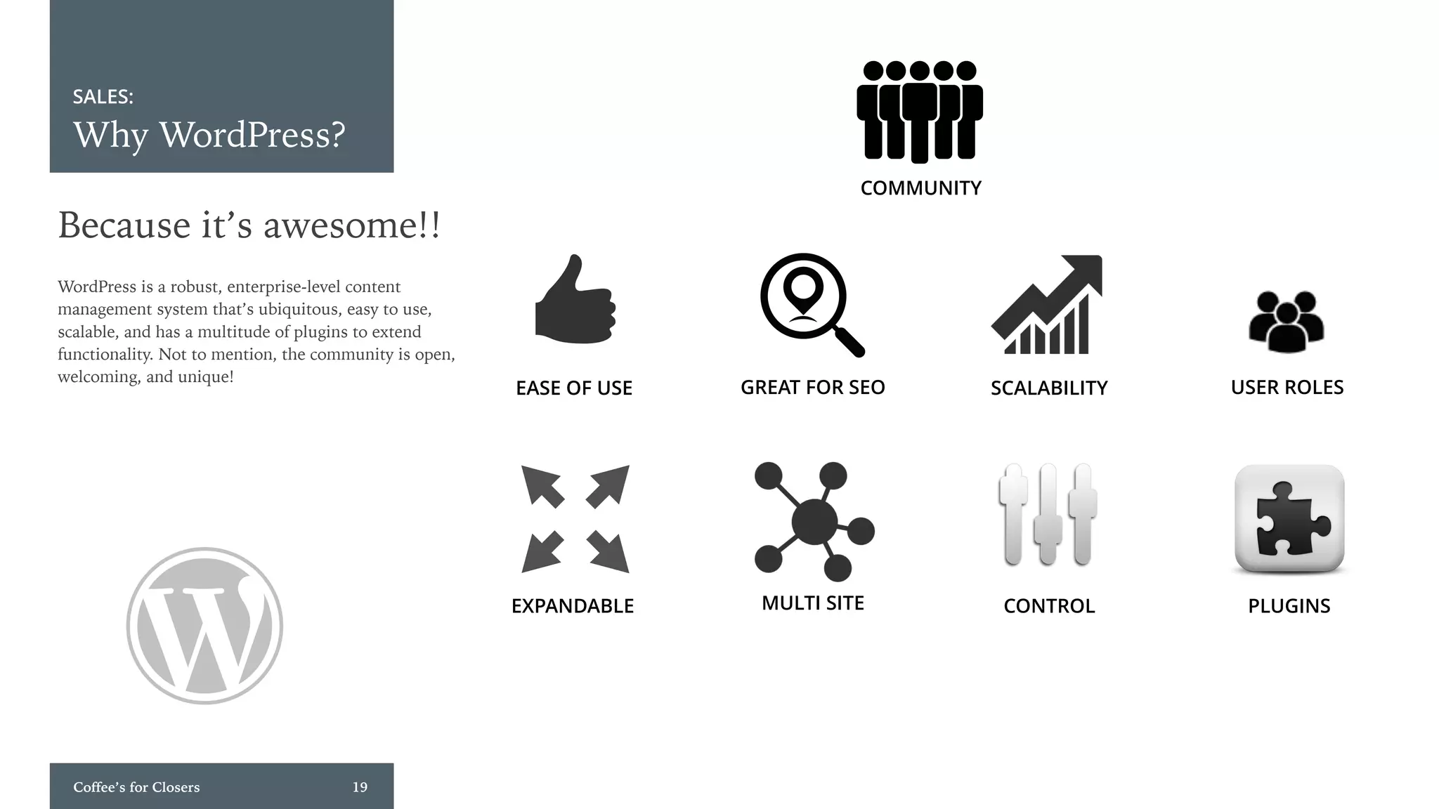 Coffee’s for Closers 19
SALES:
Why WordPress?
EASE OF USE GREAT FOR SEO SCALABILITY USER ROLES
CONTROL PLUGINSEXPANDABLE MULTI SITE
COMMUNITY
Because it’s awesome!!
WordPress is a robust, enterprise-level content
management system that’s ubiquitous, easy to use,
scalable, and has a multitude of plugins to extend
functionality. Not to mention, the community is open,
welcoming, and unique!
 